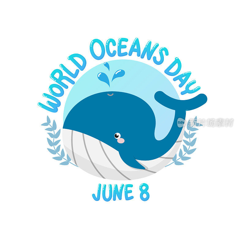 vector of logo for world ocean day with whale spray water in circle.  world ocean day on June 8 for celebration dedicated to help protect, and conserve world oceans, water, ecosystem